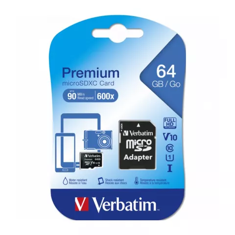 Карта памяти Verbatim microSDXC Class 10 90/10 MB/S 64GB  + SD adapter