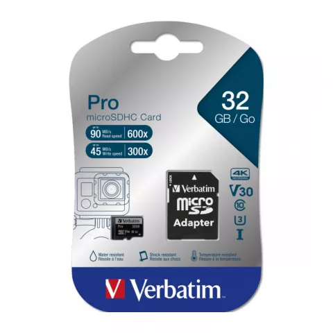 Карта памяти Verbatim microSDHC PRO Class 10 UHS-1 Class 3 V30 90/45 MB/S 32GB  + SD adapter