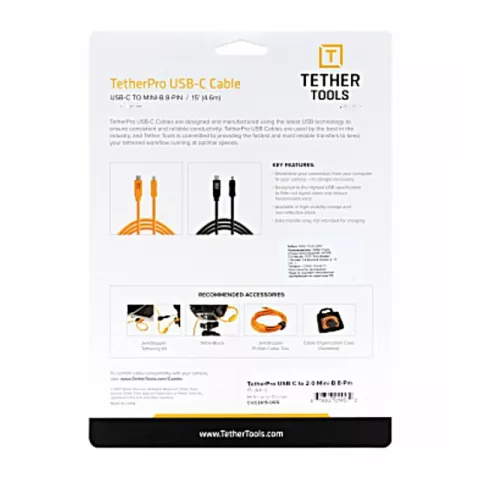 Кабель Tether Tools TetherPro USB-C to 2.0 Mini-B 8-Pin 4.6m Orange (CUC2615-ORG)